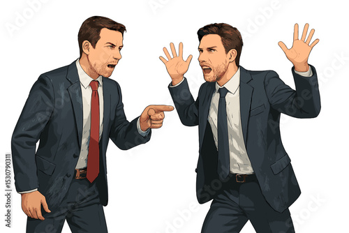 Two men arguing in business suits, demonstrating conflict and frustration in a professional setting