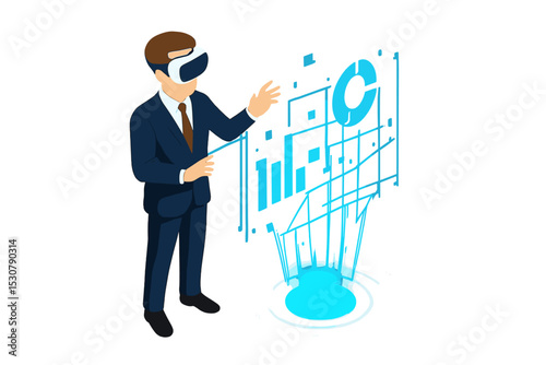 Businessman using virtual reality technology for data visualization and analysis in a modern digital environment