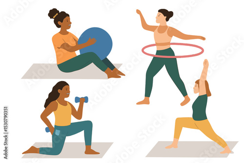 Women engaging in various fitness activities indoors promoting health and wellness