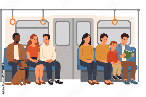 Group of people traveling on public transportation with a dog in a city subway during daytime