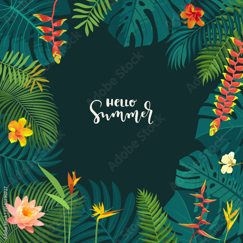 Hello Summer vector tropic jungle square flyer, poster, banner. Calligraphic summer design. Water lilly, monstera, hibiscus, bird of paradise flowers, tropical plants. Summertime social media template