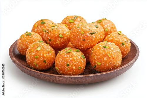 Delicious Motichoor Ladoo Garnished with Pistachios on a Wooden Plate, Traditional Indian Sweets
