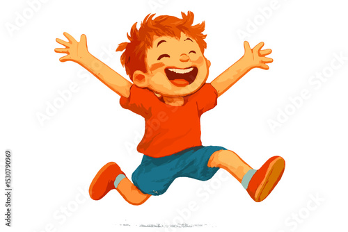 Child joyfully jumping with arms outstretched in a playful orange and blue outfit during a sunny day outdoors