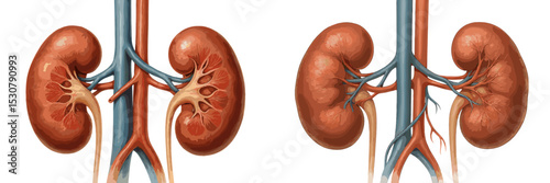 Detailed illustration of human kidneys showcasing anatomical structure and vascular connections from multiple angles