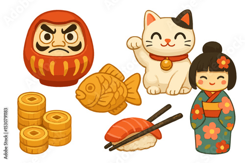 Colorful illustration of traditional Japanese symbols and food including a daruma doll, cat, girl, koi, sushi, and coins