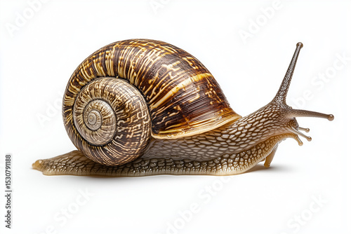 Detailed Closeup of a Garden Snail with Brown and Yellow Shell on White Background