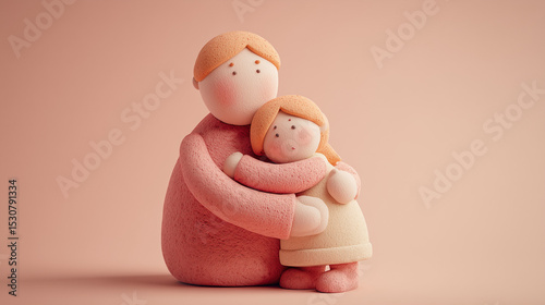 3D illustration of father and child clay characters hugging, soft pastel background, toy-style rendering
