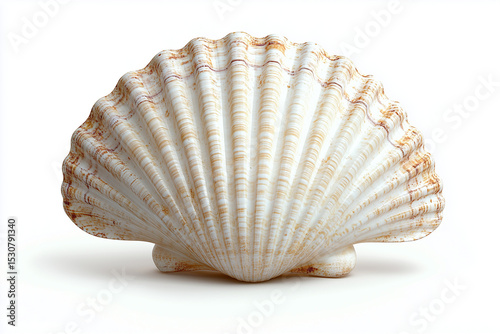 Detailed Studio Shot of a White and Brown Scallop Seashell on White Background