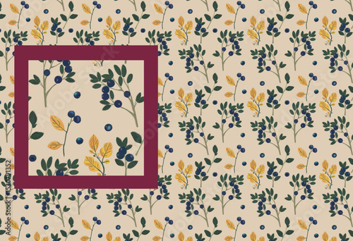 Folk seamless pattern of leaves and berries. Provence botanical print on delicate beige background. Autumn ornament for textile, home decor and fabric