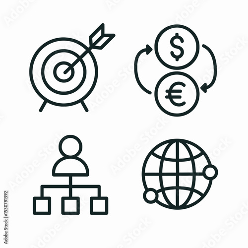 Icons depicting target market, currency exchange, hierarchy, globalization. Suitable for presentations, financial blogs, websites, business reports, and educational materials.
