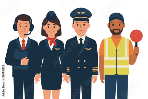 Team of airline professionals in uniforms standing together at the airport during daytime