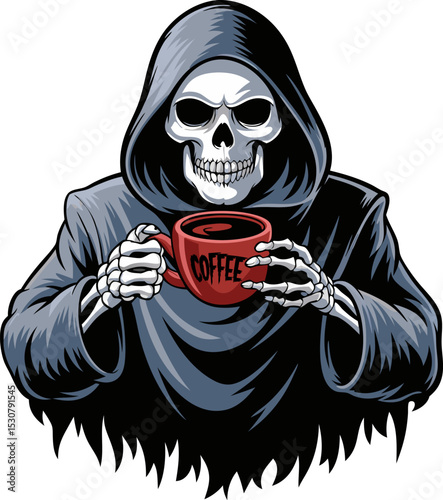 A grim reaper drinking a cup of coffee, Illustration for Halloween
