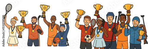 Celebrating victory and teamwork at a sports awards ceremony with diverse athletes holding trophies and medals