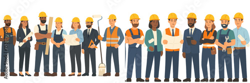 Construction workers collaborating on a project with plans and tools in a modern work environment
