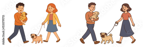 Couples enjoying a stroll with their playful pug and puppy on a sunny day in a park setting