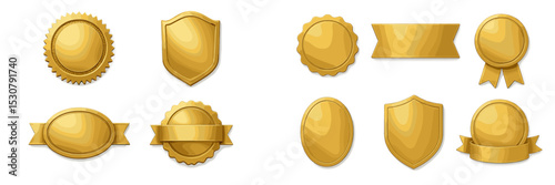 Golden badges and awards in various shapes made of shiny metallic material for recognitions and achievements
