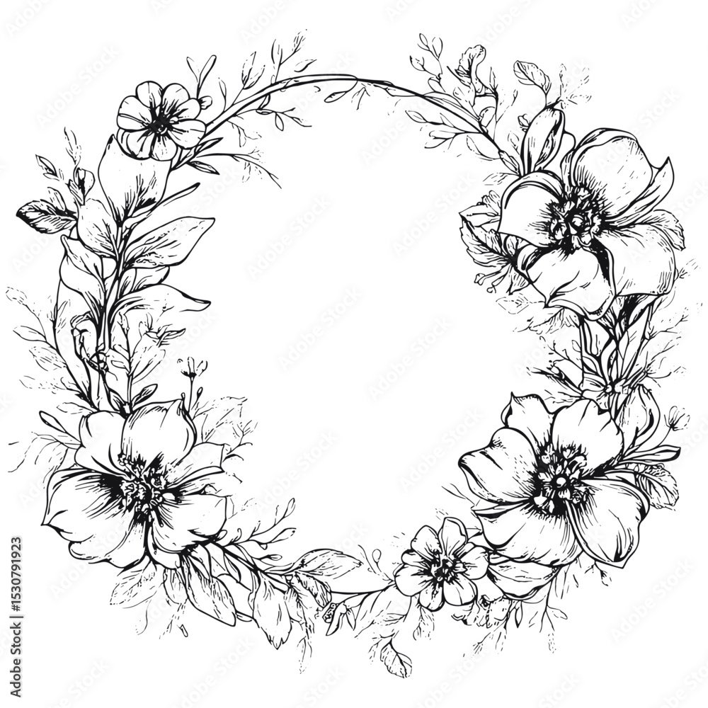 Fototapeta premium Floral frame, golden flowers, birthday card, wedding invitation card, greeting card with flowers, summer theme, vector illustration, floral wreath, creative holiday floral background.