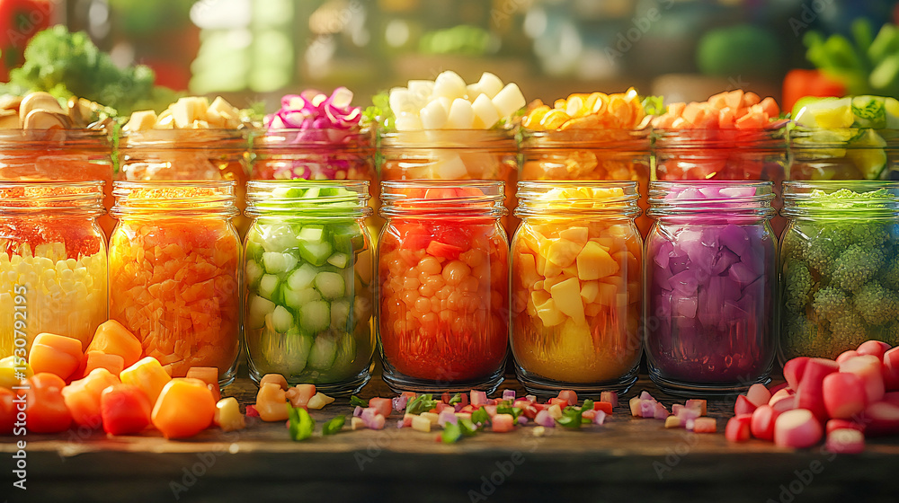 A vibrant collection of assorted fermented foods displayed in clear glass jars, featuring a colorful array of textures and hues from vegetables and fruits, symbolizing healthy probiotic rich cuisine A vibrant collection of assorted fermented foods displayed in clear glass jars, featuring a colorful array of textures and hues from vegetables and fruits, symbolizing healthy probiotic rich cuisine