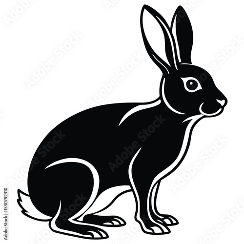 Isolated black rabbit outline sitting with upright ears gazes rightward against a white backdrop