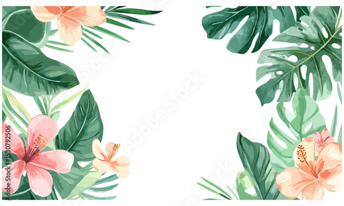 Vector illustration of watercolor leaves and flowers, summer background, invitation card design, birthday and wedding greeting card, floral elements, aesthetic bouquet, cutout.