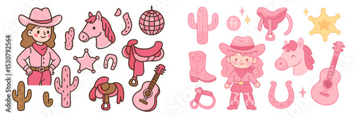 Colorful cowboy-themed illustrations featuring playful characters, instruments, and desert icons in a whimsical style