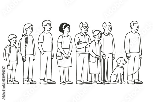 Diverse group of people standing in a line outdoors with a dog during a sunny day in a public space