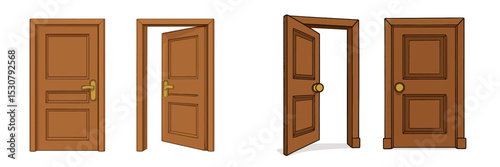 Illustrations of wooden doors with variations in opening positions and designs showing interior design options