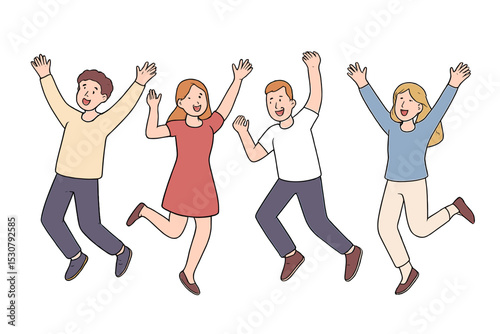 Group of four friends celebrating joyfully with raised arms and smiles indoors