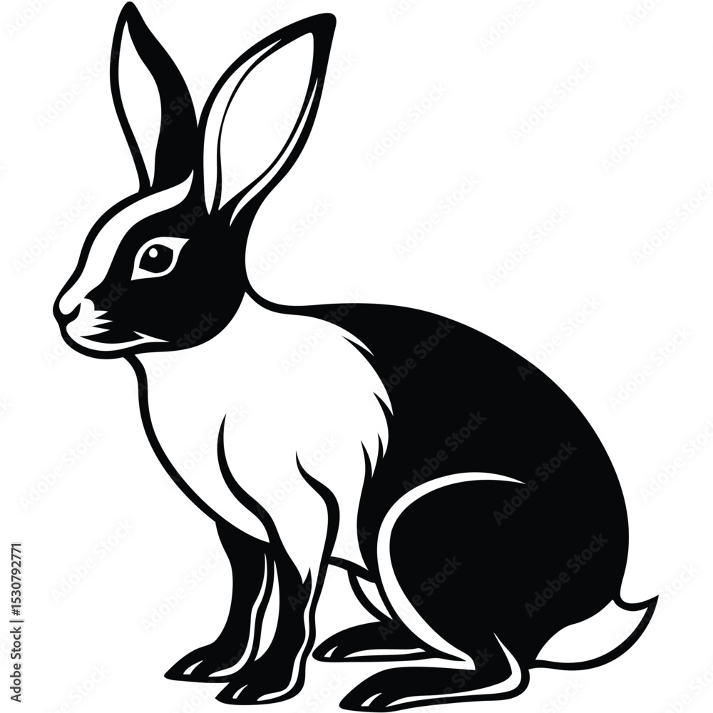 Obraz premium A black and white rabbit with long ears sits peacefully looking toward the left