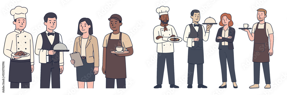 Restaurant staff engage in various duties showcasing teamwork and hospitality in a professional environment Restaurant staff engage in various duties showcasing teamwork and hospitality in a professional environment