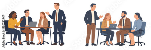 Business professionals engaging in collaborative discussions in a modern office setting during a workday