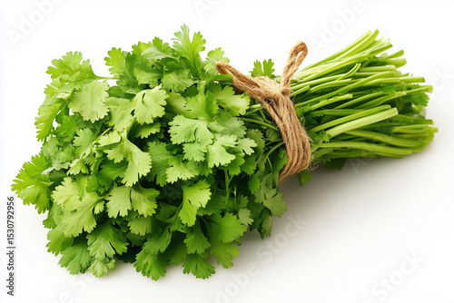Fresh Cilantro Bunch Tied with Twine Isolated on White Background, Vibrant Green Herb