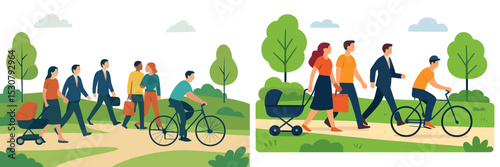 People walking and cycling in a park during a sunny day with families and professionals enjoying outdoor activities