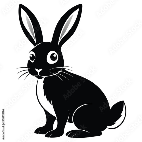 art depicts a black rabbit with long ears sitting peacefully on white background