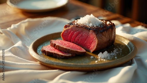 Close-up of a grilled matured beef chop with selective focus and ample copy space.