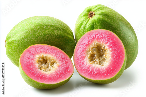 Fresh Green Guavas with Rosy Pink Flesh and Seeds, One Cut in Half, Isolated