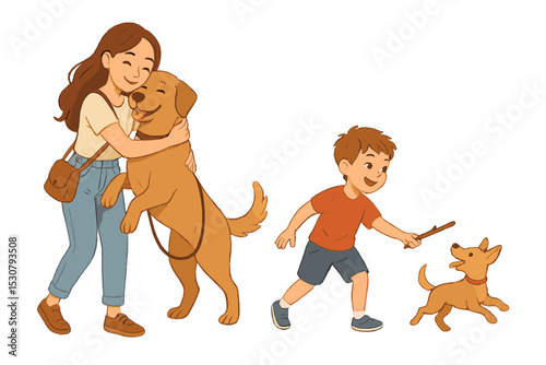 Joyful moments of a child and woman playing with dogs in a cheerful outdoor setting