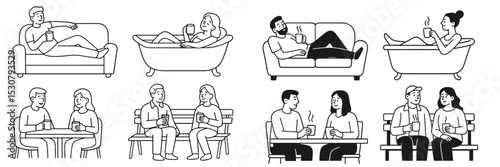 Relaxing moments in different settings with drinks and conversation among friends and couples