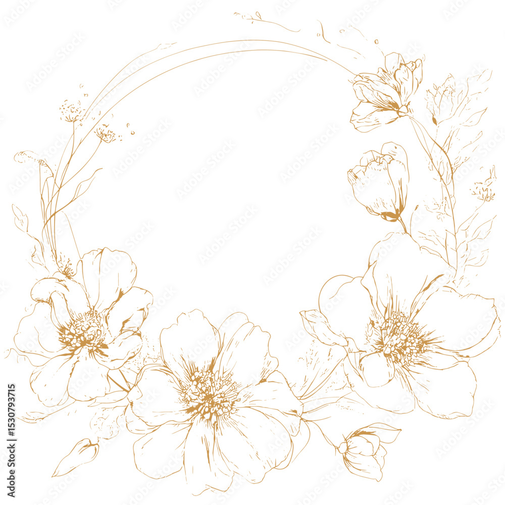 Obraz premium Golden flowers, bouquet of flowers, line art, wedding invitation card, birthday greeting card, summer background, floral design, elegant floral vector illustration.
