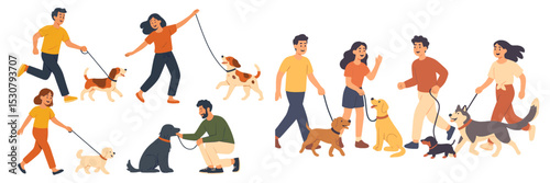 Groups of people happily walking dogs in a park during a sunny day