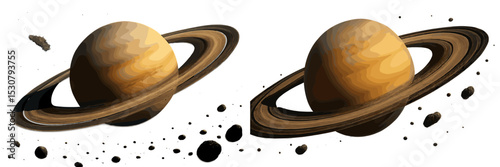 Detailed depiction of Saturn with its iconic rings and drifting asteroids in outer space