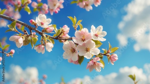Close-up of white apple flowers blooming widely against the blue sky.