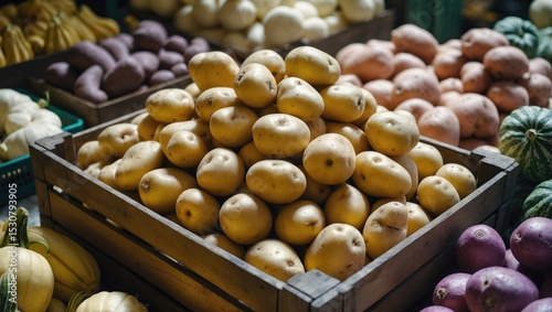 Close up of potato in wooden crate. Fresh potato in the market.