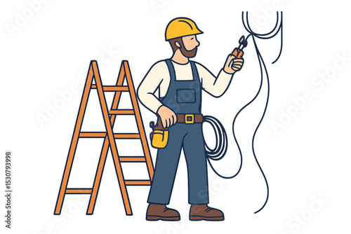 Electrician working on installation with tools near ladder in construction setting