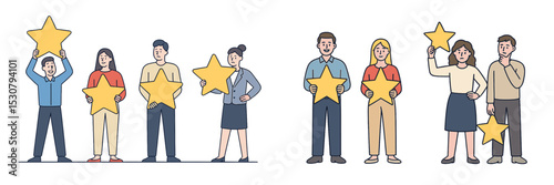 Group of people showcasing yellow stars in a creative display during a celebratory event outdoors