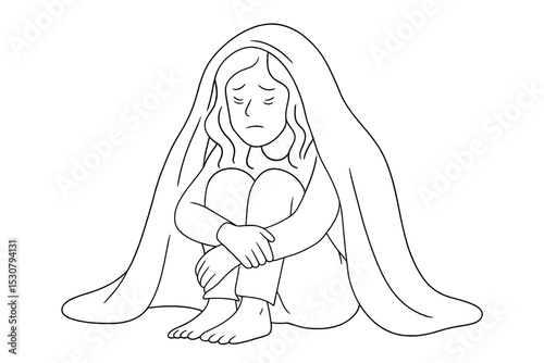 Emotional girl sitting on the floor with a blanket during a quiet evening at home
