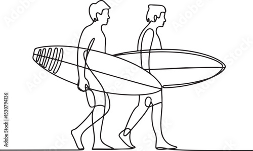 Continuous line drawing of two surfers walking with surfboards in minimalist black and white silhouette art style

