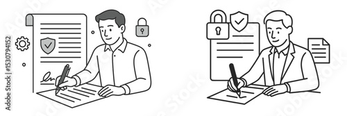 Business professionals completing contracts and securing agreements in an office setting with digital elements represented