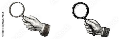 Hand holding a magnifying glass showcasing details of an investigation in a vintage style illustration