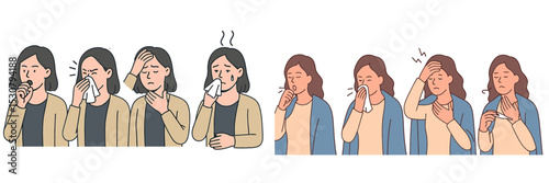 Different expressions of a person feeling unwell, showcasing various symptoms and emotions during an illness